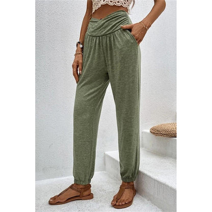 Attraco Women Cross Wrap High Waist Jogger Pants with Side Pockets Loungewear Trousers