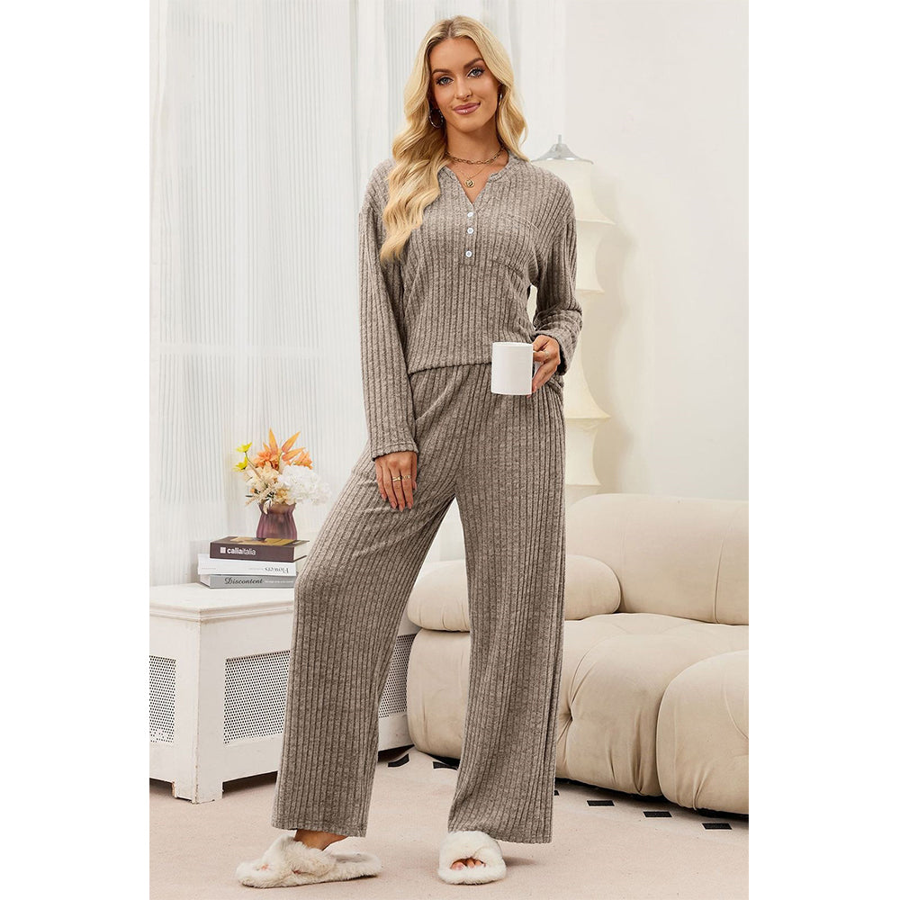 Attraco Women's Ribbed Pajama Set 2 Piece Lounge Set Long Sleeve Henley Top Wide Leg Pants Soft Knit Sleepwear