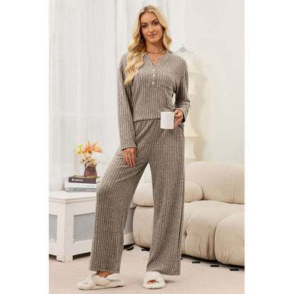 Attraco Women's Ribbed Pajama Set 2 Piece Lounge Set Long Sleeve Henley Top Wide Leg Pants Soft Knit Sleepwear
