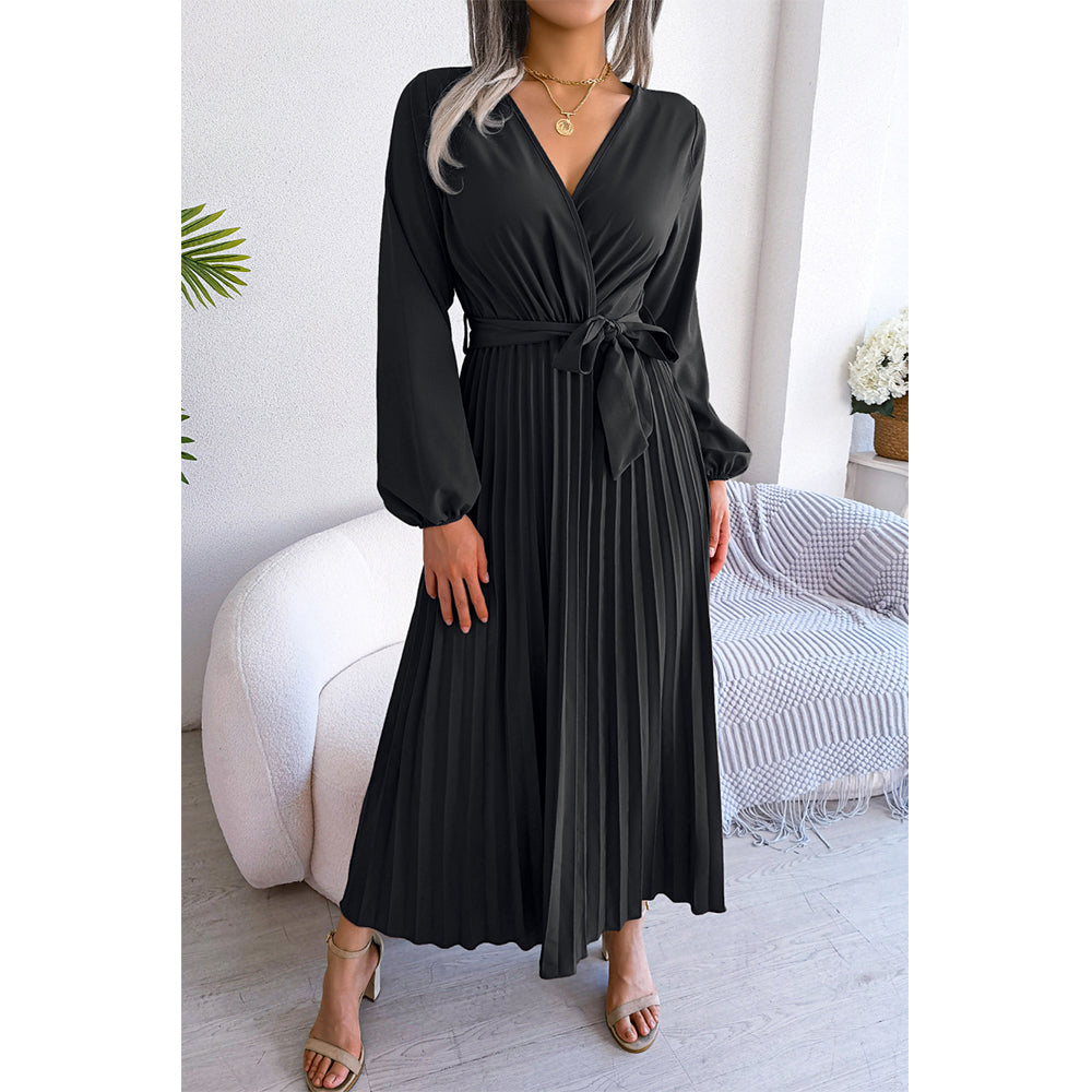 Attraco Women Wrap V Neck Belted Long Balloon Sleeve Pleated Midi Dress