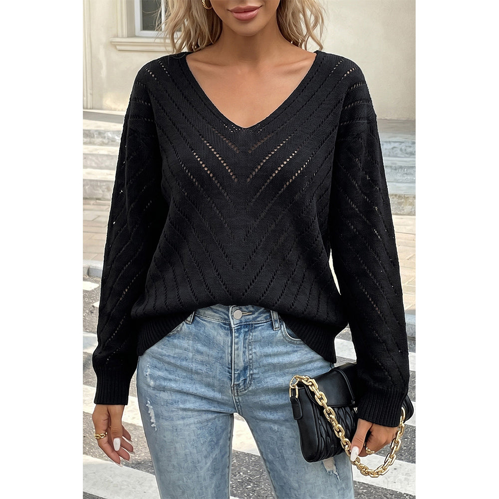 Attraco Women's Open Knit V Neck Sweater Long Sleeve Lightweight Hollow Out Pullover Top