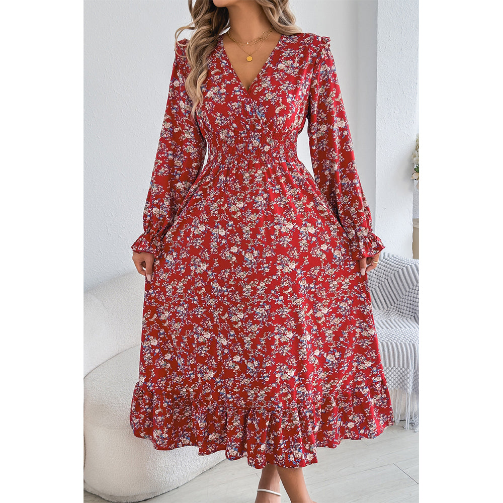 Attraco Women Surplice V Neck Smocked Long Sleeve Tiered Midi Ditsy Floral Dress