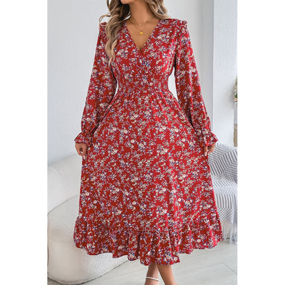 Attraco Women Surplice V Neck Smocked Long Sleeve Tiered Midi Ditsy Floral Dress