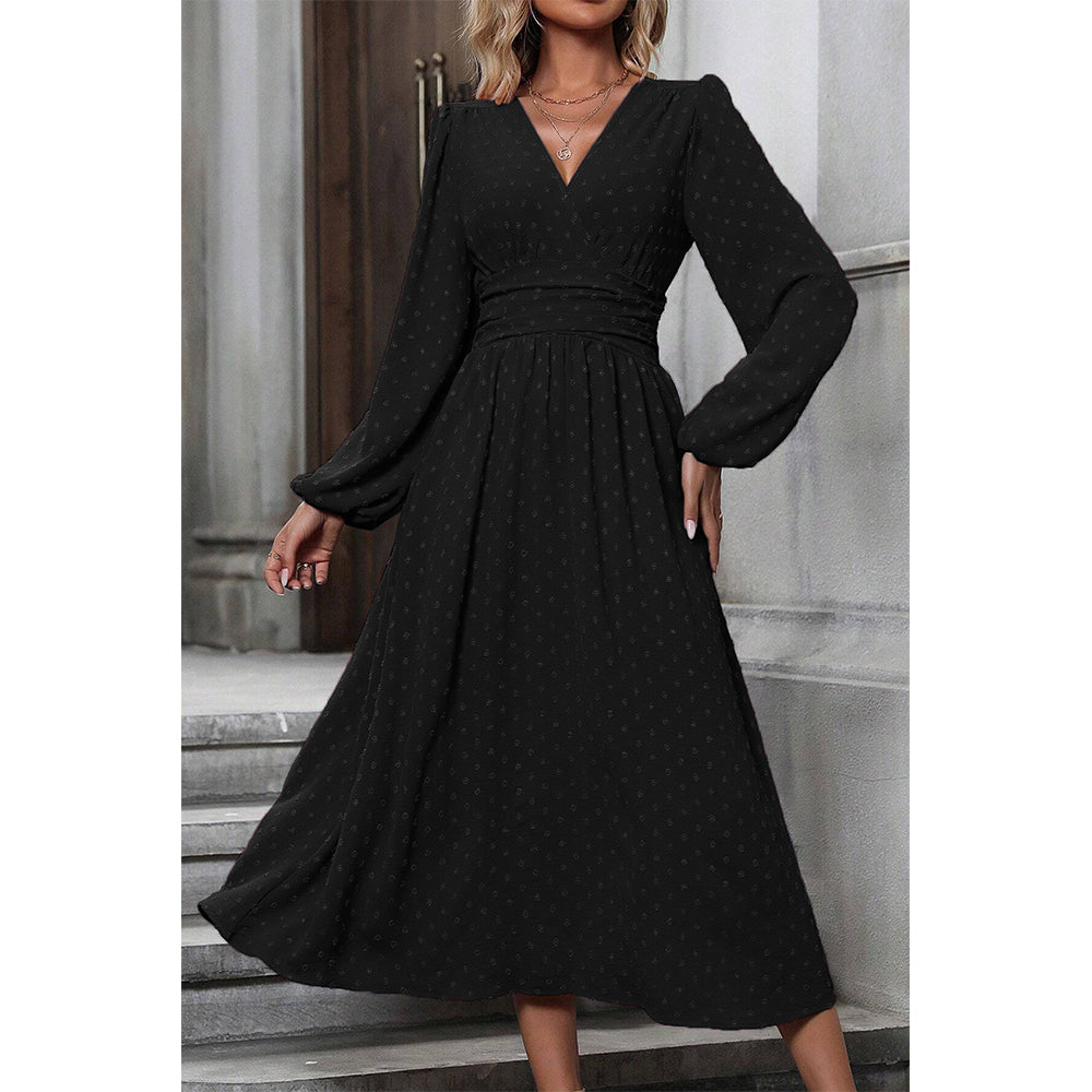 Attraco Women V Neck Bubble Dot Midi Dress Long Balloon Sleeve Ruched Waist Flowy Dress