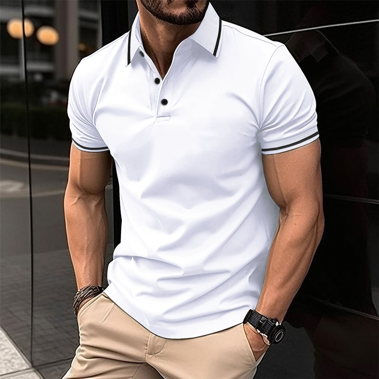Attraco Men's Ribbed Collar Button Front Short-Sleeve Polo Shirt