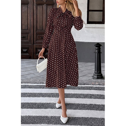 Attraco Women Bow Tie Neck Long Sleeve Polka Dot Midi Dress