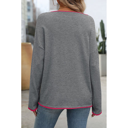 V For City Women's Contrast Trim Long Sleeve Crewneck Sweater Pollover Tops