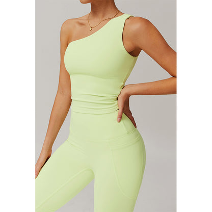 Attraco Women's One Shoulder Ruched Cropped Sports Tank Top with Removable Pads Yoga Tops