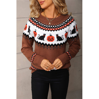 Attraco Women's Halloween Pumpkin & Black Cat Fair Isle Sweater Long Sleeve Crewneck Knit Pullover Fall Holiday Cozy Lightweight Sweater