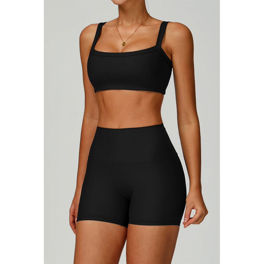 Attraco Women's Square Neck Ribbed Sports Bra with Removable Pads