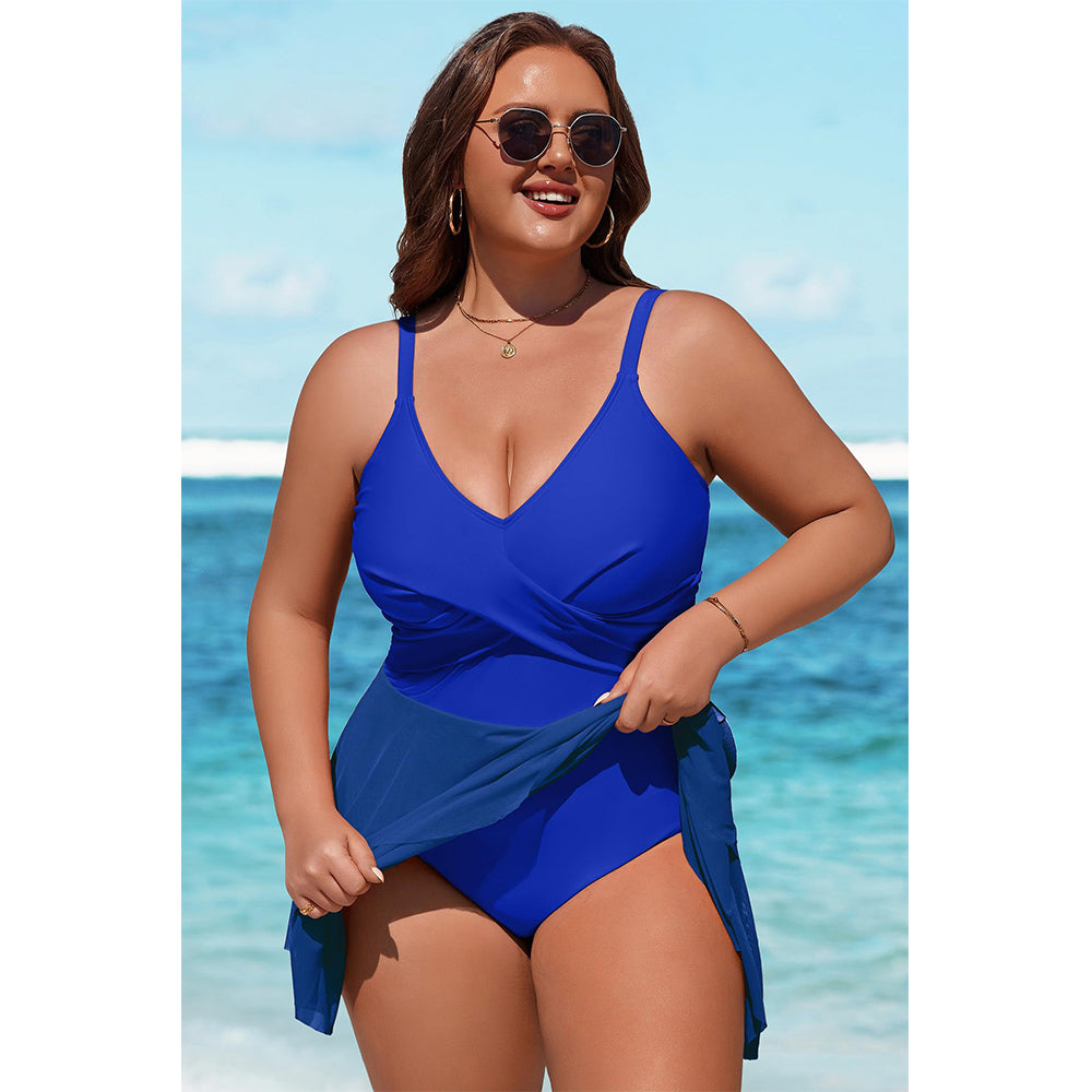 Charmo Women's Plus Size Swim Dress Swimsuit Mesh Ruffle One Piece Tummy Control Bathing Suit Front Cross Swim Suits