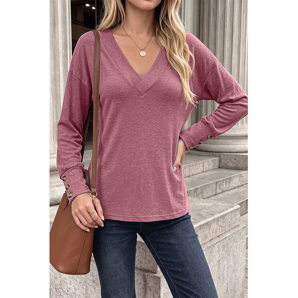 Attraco Women's Brushed V-Neck Long Sleeve Knit Top with Button Cuff Detail