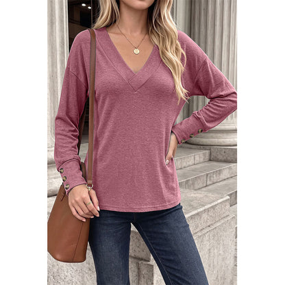 Attraco Women's Brushed V-Neck Long Sleeve Knit Top with Button Cuff Detail