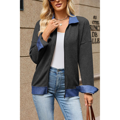 Attraco Women's Contrast Trim Zip-Up Sweatshirt Jacket, Long Sleeve Collared Relaxed Fit