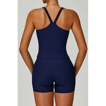 Attraco Women's 2-Piece Ribbed Square Neck Y-Back Active Set with Removable Pads and High-Waisted Shorts