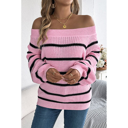 V For City Women's 2025 Autumn Winter Casual Striped Off-Shoulder Lantern Sleeve Pullover Sweater