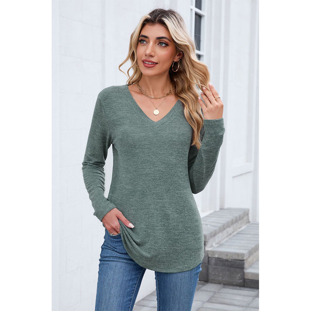 Attraco Women's Long Sleeve V Neck Top Soft Stretch Casual Pullover Shirt with Curved Hem