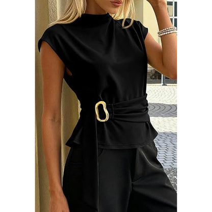 Attraco Women's High Neck Cap Sleeve Belted Blouse with Gold Buckle Business Casual Tops
