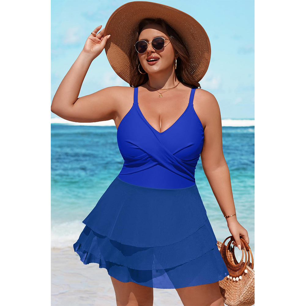 Charmo Women's Plus Size Swim Dress Swimsuit Mesh Ruffle One Piece Tummy Control Bathing Suit Front Cross Swim Suits