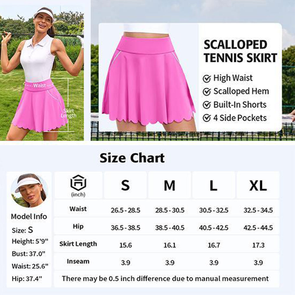 Attraco Women High Waist Scalloped Hem Tennis Skirt with Built In Shorts and Four Side Pockets