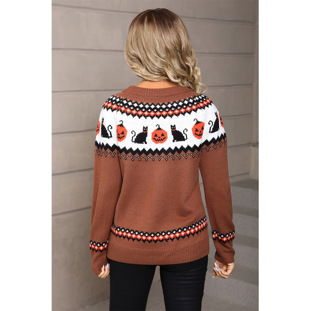 Attraco Women's Halloween Pumpkin & Black Cat Fair Isle Sweater Long Sleeve Crewneck Knit Pullover Fall Holiday Cozy Lightweight Sweater