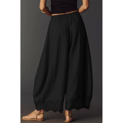 Attraco Women Elastic Drawstring High Waist Wide Leg Cropped Pants with Side Pockets and Lace Hem