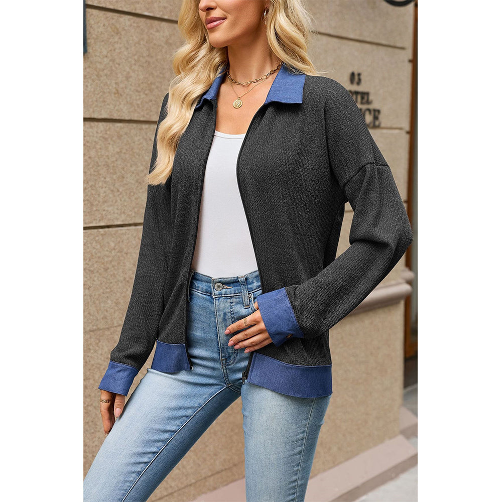Attraco Women's Contrast Trim Zip-Up Sweatshirt Jacket, Long Sleeve Collared Relaxed Fit