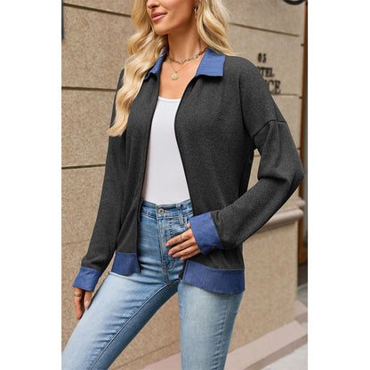 Attraco Women's Contrast Trim Zip-Up Sweatshirt Jacket, Long Sleeve Collared Relaxed Fit
