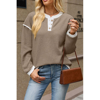 Attraco Women's Contrast Trim Henley Neck Long Sleeve Knit Top