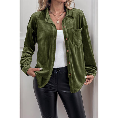 V For City Women's Velvet Collared Lantern Sleeve Button Down Shirts