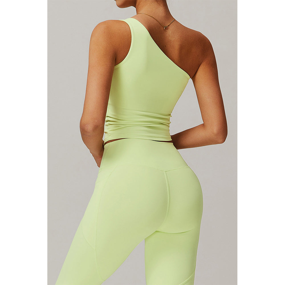 Attraco Women's One Shoulder Ruched Cropped Sports Tank Top with Removable Pads Yoga Tops