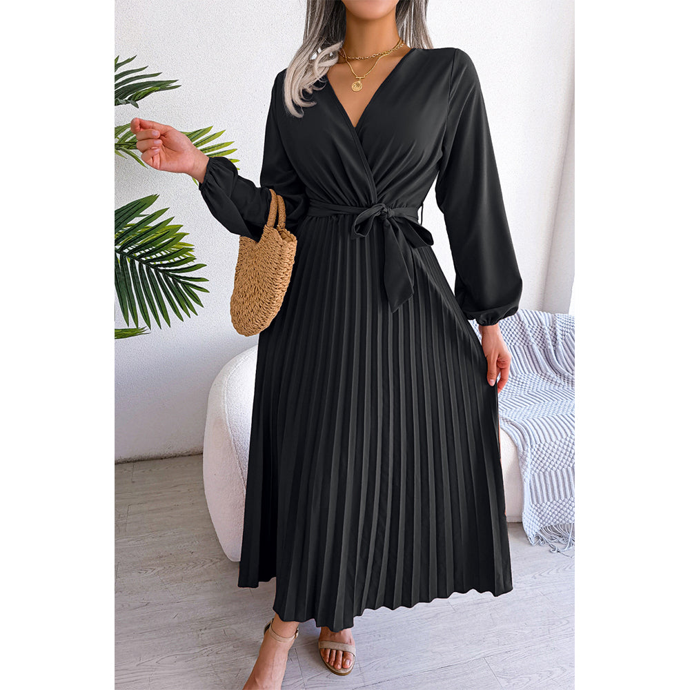 Attraco Women Wrap V Neck Belted Long Balloon Sleeve Pleated Midi Dress