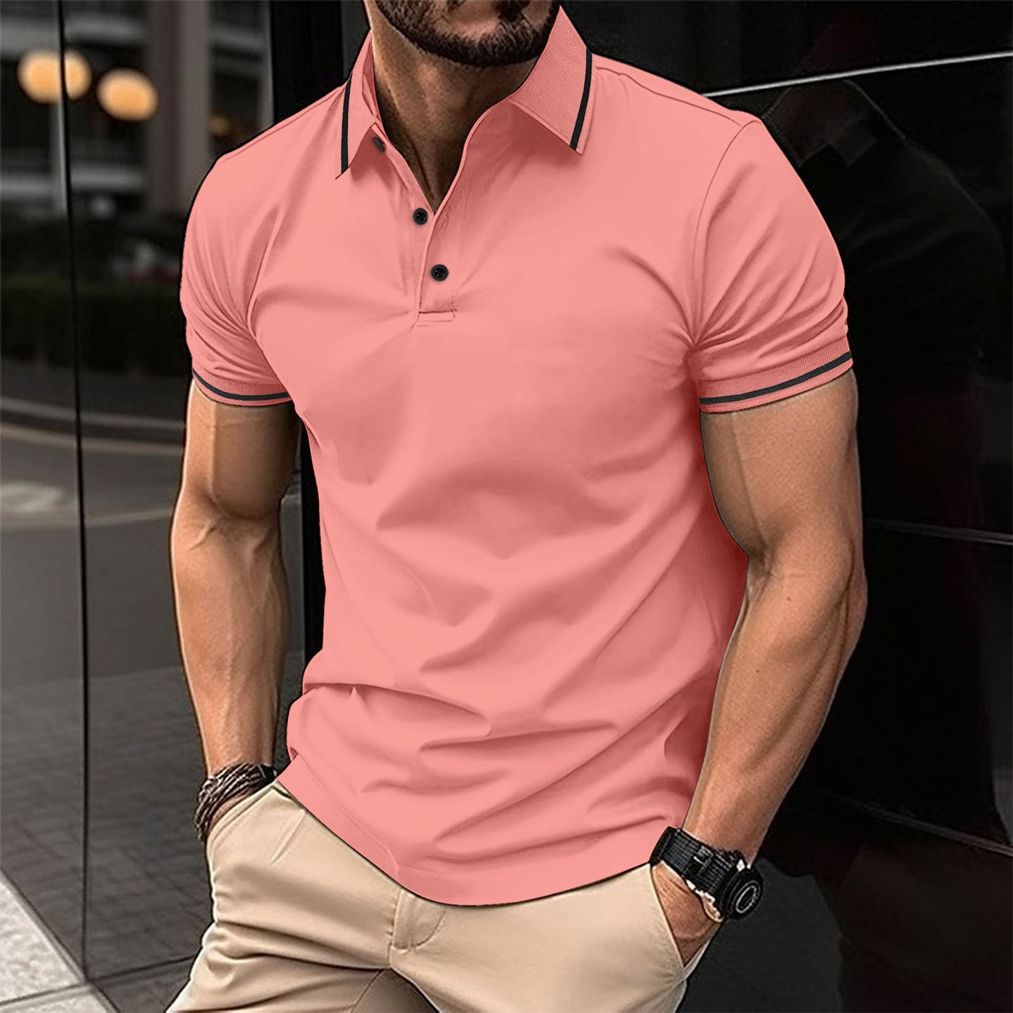 Attraco Men's Ribbed Collar Button Front Short-Sleeve Polo Shirt