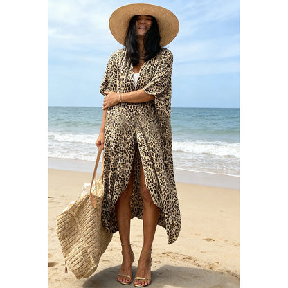 Charmo Women's Leopard Print Kimono Style Open Front Tie Waist Cover Up Swimming Maxi Dress