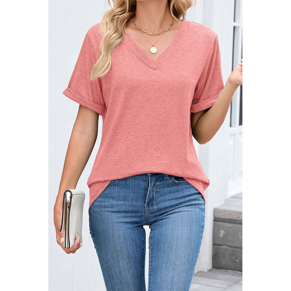 Attraco Women's V Neck Rolled Cuff Short Sleeve Loose Fit Casual T-Shirt Summer Tops