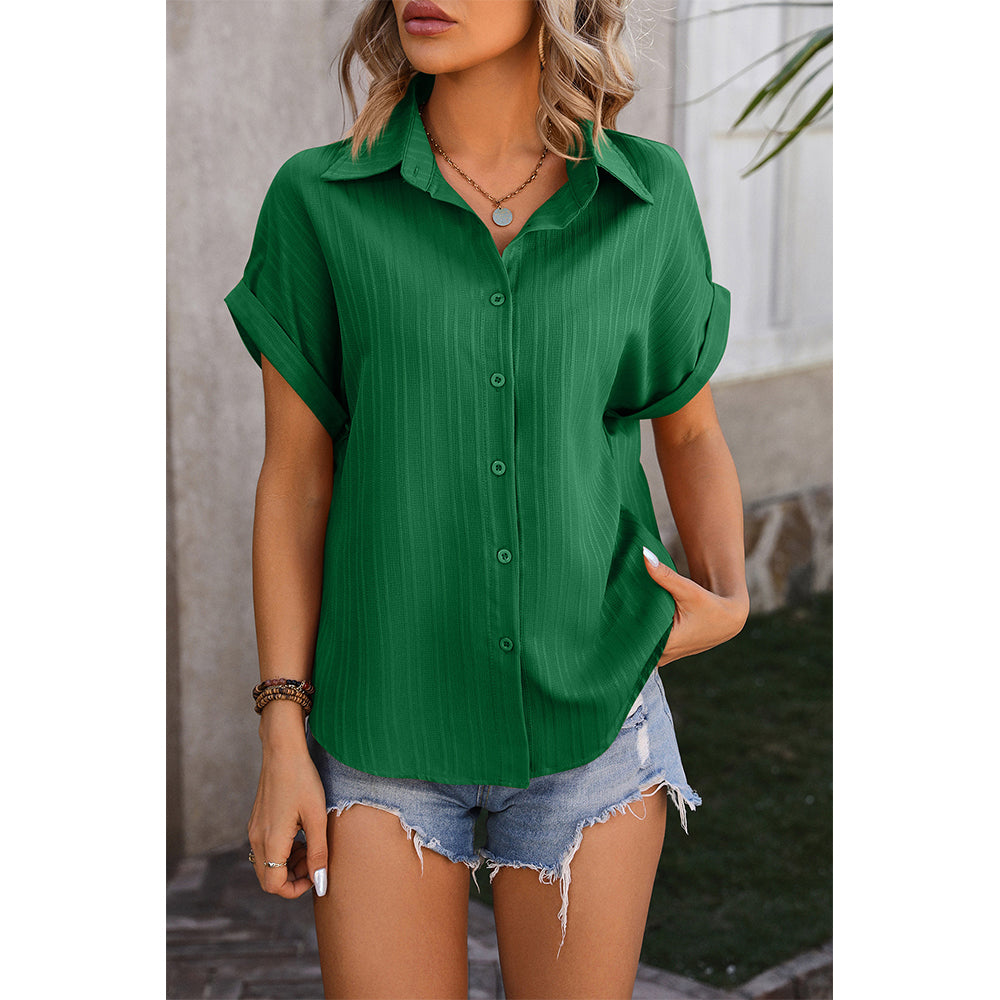 Attraco Women's Collared Short Sleeve Button Down Shirt with Textured Stripe and Back Pleat Blouse