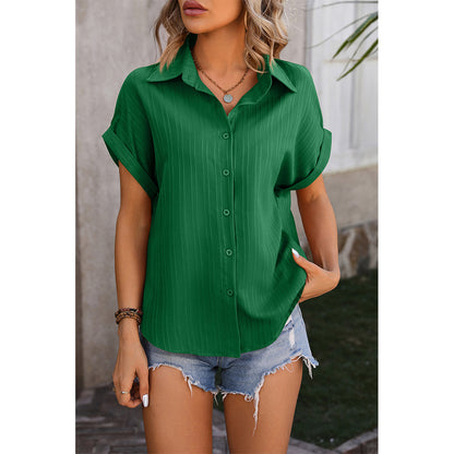 Attraco Women's Collared Short Sleeve Button Down Shirt with Textured Stripe and Back Pleat Blouse