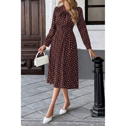Attraco Women Bow Tie Neck Long Sleeve Polka Dot Midi Dress