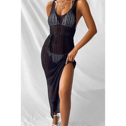 Charmo Women's Crochet Sleeveless Backless Maxi Cover Up Dress with Waist Drawstring & Side Slit