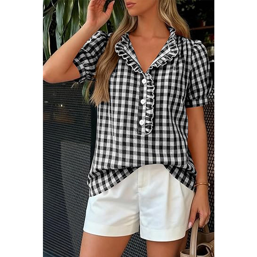 Attraco Womens Puff Short Sleeve Summer Tops Striped Plaid Ruffle V Neck Button Down Shirts Business Casual Work Blouses