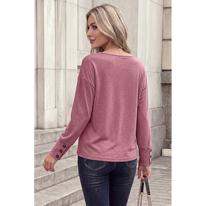 Attraco Women's Brushed V-Neck Long Sleeve Knit Top with Button Cuff Detail