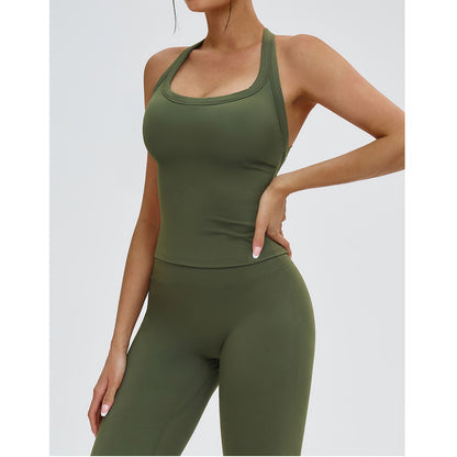 Attraco Women's Square Neck Halter T-Back Longline Sports Tank Top with Removable Pads Yoga Tops