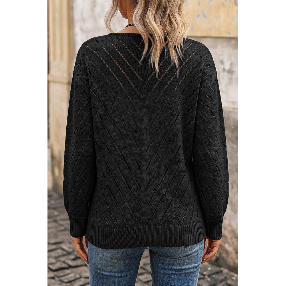 Attraco Women's Open Knit V Neck Sweater Long Sleeve Lightweight Hollow Out Pullover Top