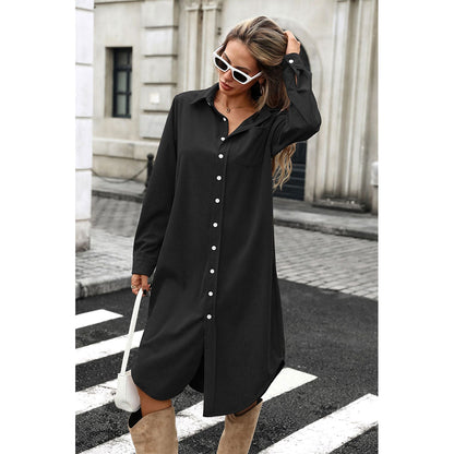 Attraco Women's Corduroy Shirt Dress, Solid Long Sleeve Button-Down Long Dress with Collar