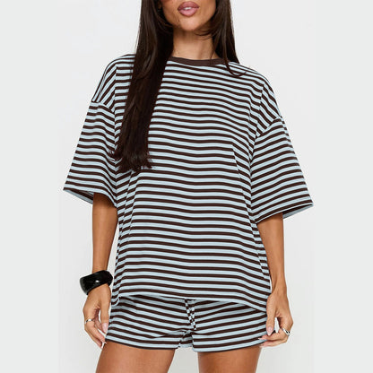 Attraco Women Striped Oversized Crew Neck Short Sleeve 2 Piece Pajama Loungewear Short Set