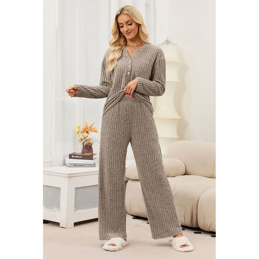 Attraco Women's Ribbed Pajama Set 2 Piece Lounge Set Long Sleeve Henley Top Wide Leg Pants Soft Knit Sleepwear