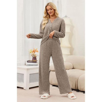 Attraco Women's Ribbed Pajama Set 2 Piece Lounge Set Long Sleeve Henley Top Wide Leg Pants Soft Knit Sleepwear