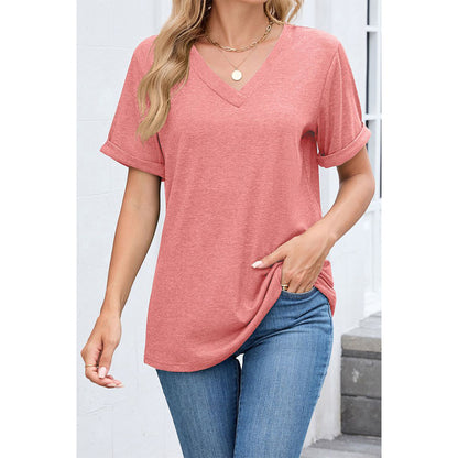 Attraco Women's V Neck Rolled Cuff Short Sleeve Loose Fit Casual T-Shirt Summer Tops