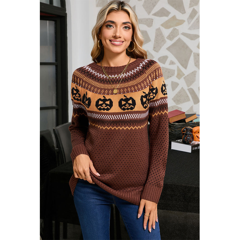 Attraco Women's Halloween Pumpkin Sweater Long Sleeve Crewneck Fair Isle Knit Pullover Fall Cozy Holiday Jumper