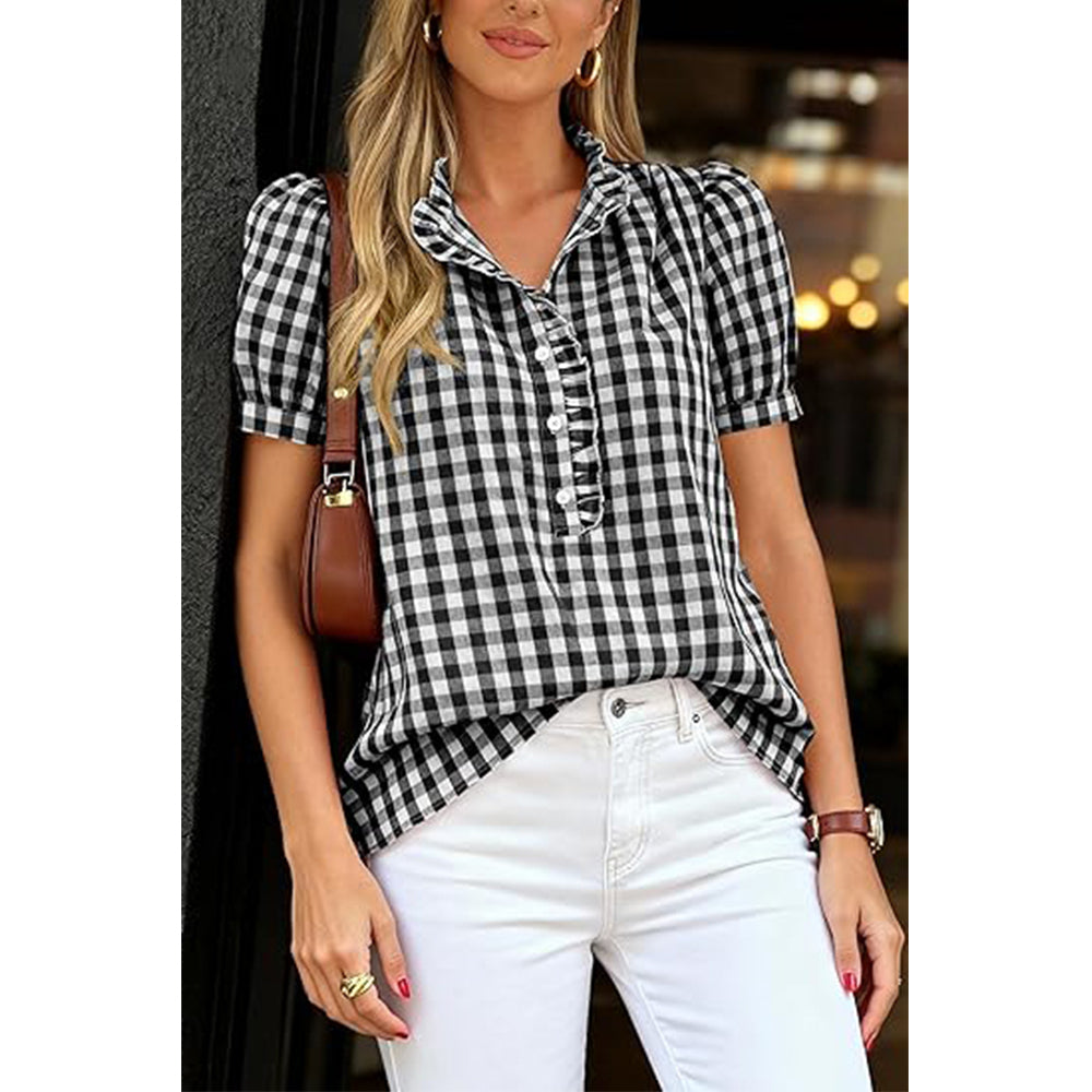 Attraco Womens Puff Short Sleeve Summer Tops Striped Plaid Ruffle V Neck Button Down Shirts Business Casual Work Blouses